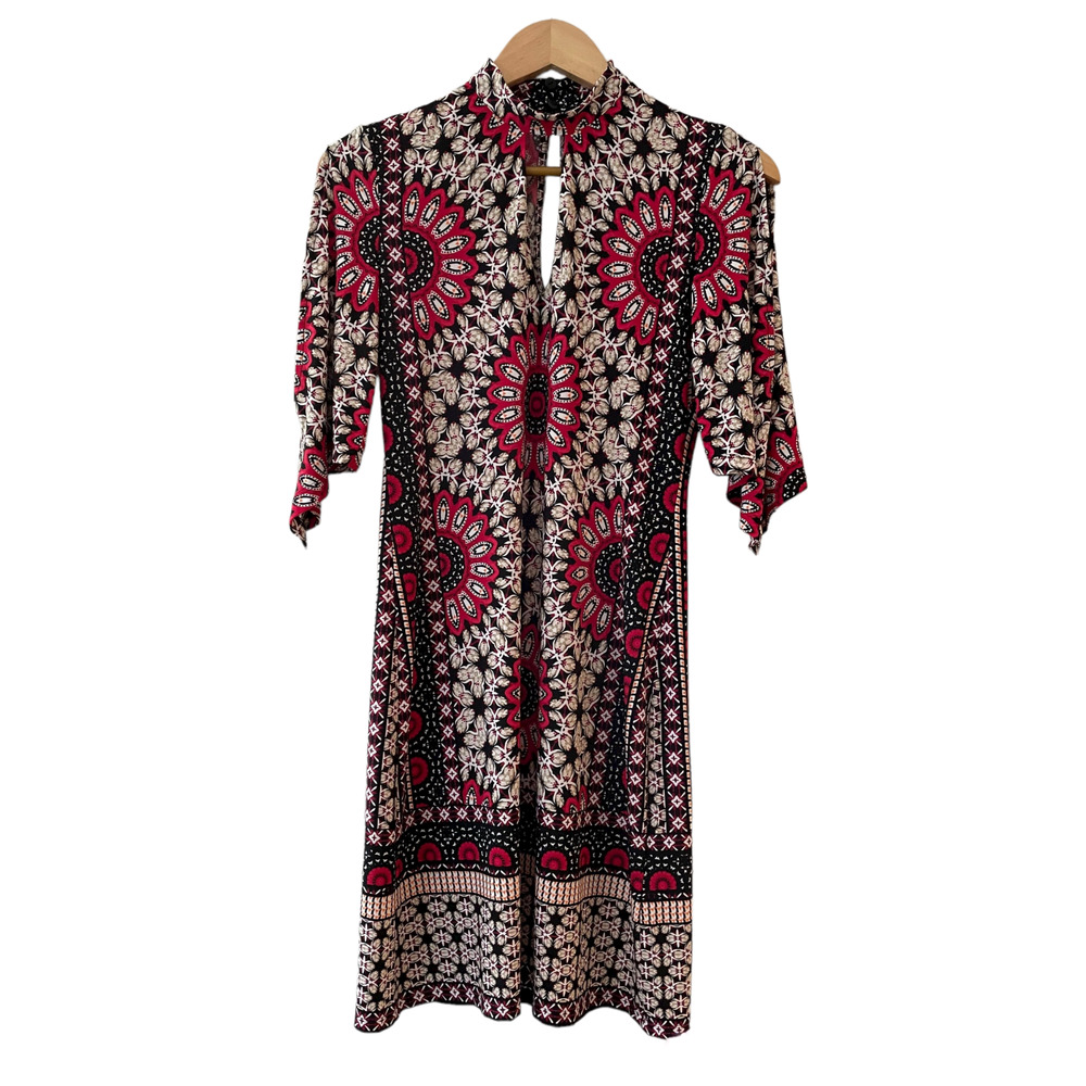 London Times Size 0 Geometric Cold Shoulder Sheath Dress Keyhole Mock Neck Multi